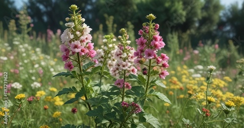 Vibrant white burnet bush with yellow and pink flowers close-up, outdoor environment, nature details, spring bloom, flowering plants