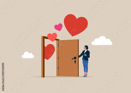 Woman opening a door with hearts. Open for new relationship, heal heart broken or divorce and relationship problem. Modern vector illustration in flat style.
