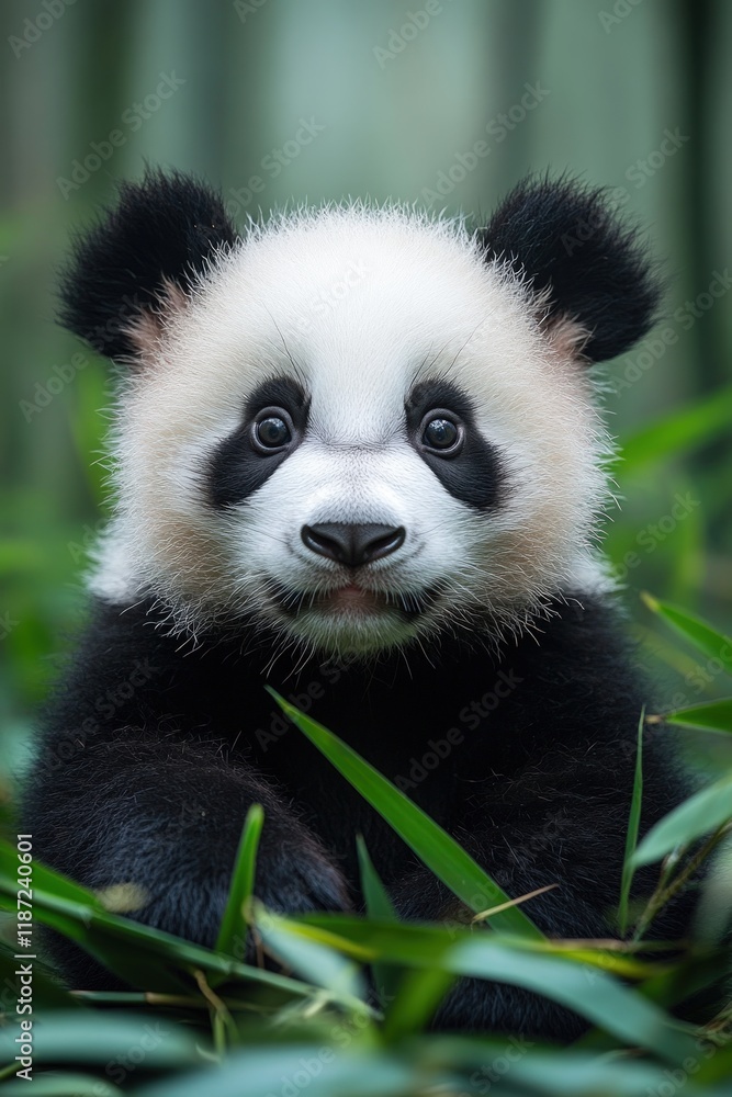 Fototapeta premium Adorable panda cub amidst bamboo.