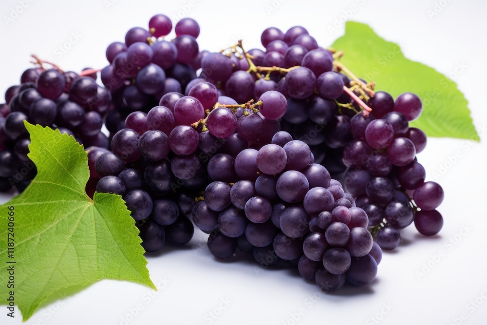 Freshly harvested purple grapes with green leaves on a white background showcasing their vibrant color and texture