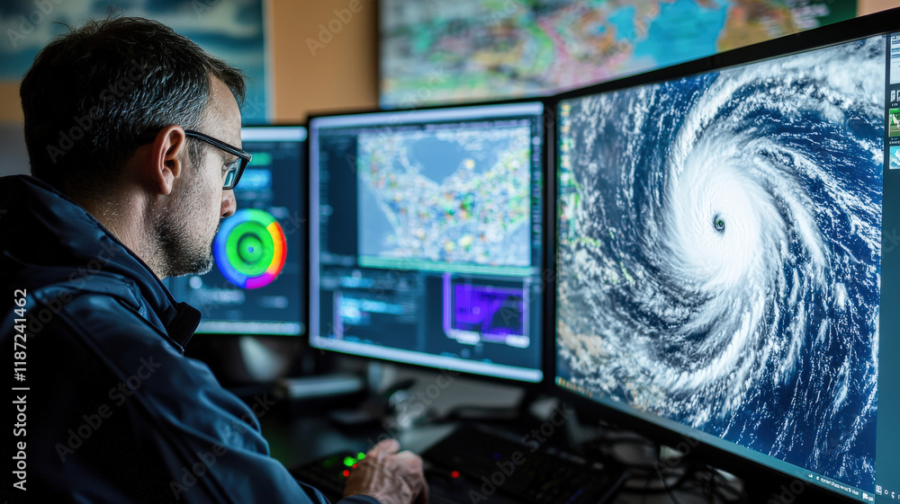 A meteorologist analyzes weather data on a computer screen at a weather station, tracking a storm system. Radar images and satellite maps are prominently displayed for detailed observation.