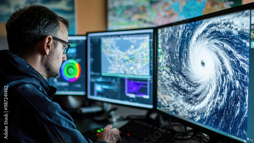 Obraz na płótnie A meteorologist analyzes weather data on a computer screen at a weather station, tracking a storm system. Radar images and satellite maps are prominently displayed for detailed observation.
w salonie