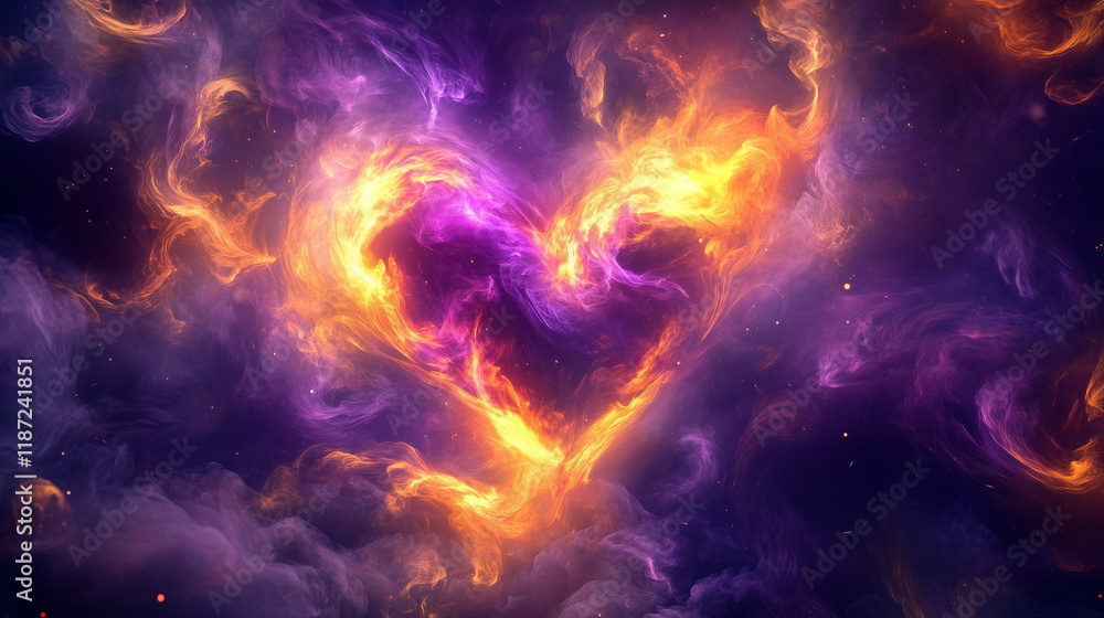 Fototapeta premium Surreal Heart Shaped Design with Swirling Purple and Orange Flames Glowing in Dramatic Smoky Background