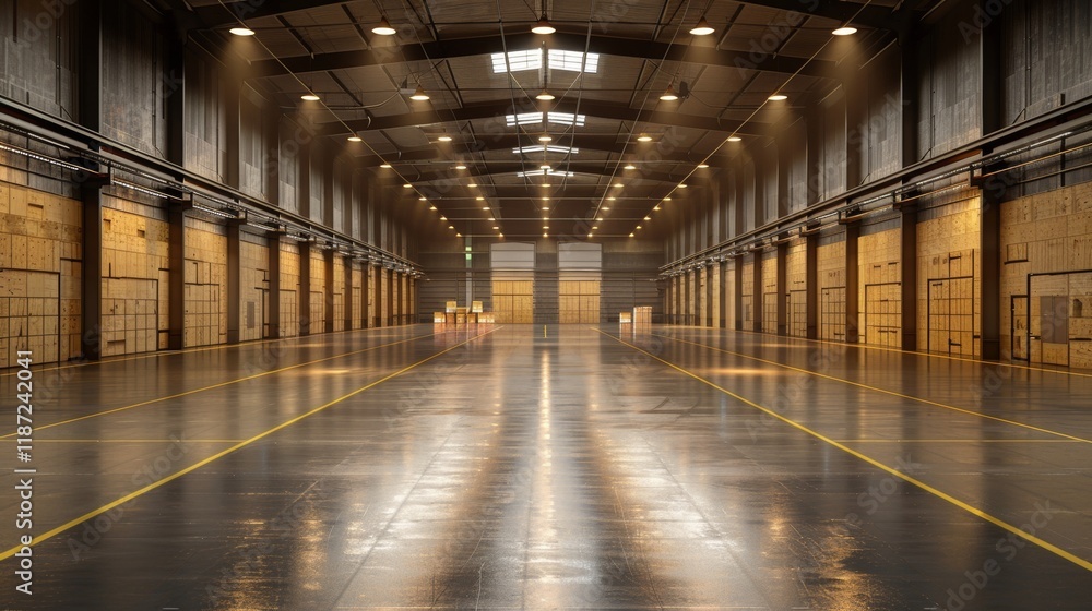 Expansive distribution center featuring tall shelving and logistics advertising concept Expansive distribution center featuring tall shelving and logistics advertising concept