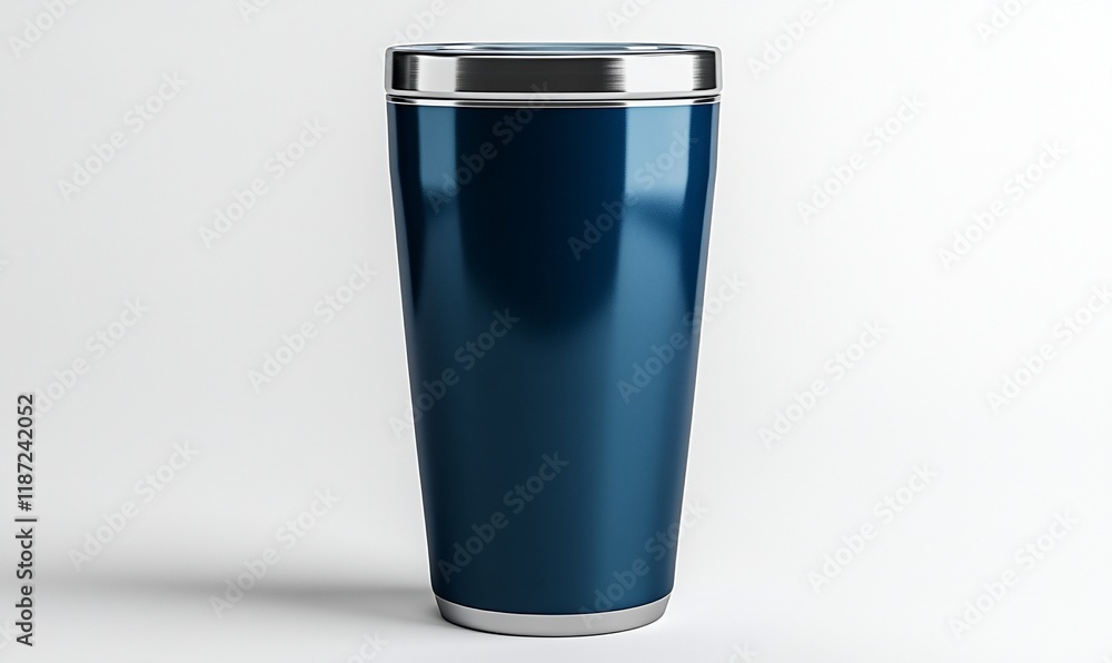 Dark blue tumbler, metallic lid, white background, product shot, for advertising Dark blue tumbler, metallic lid, white background, product shot, for advertising