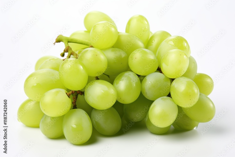 Fresh green grapes displayed on a white background showcasing their juicy, plump appearance Fresh green grapes displayed on a white background showcasing their juicy, plump appearance