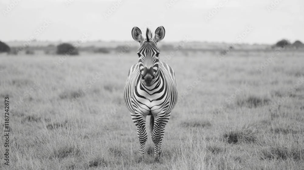 Fototapeta premium Black and white photo of a zebra standing in a field.