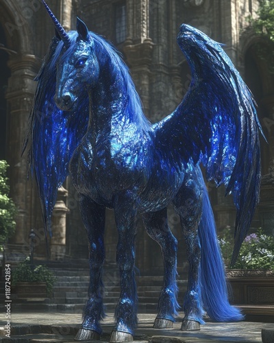 Majestic sapphire blue winged unicorn. photo