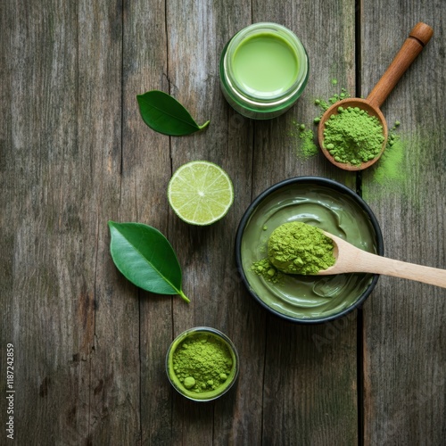 Green tea products, Matcha powder, Bamboo whisk, Glass bottle, White ceramic bowls, Wooden spoon, Minimalist composition, Pastel green background, Overhead view, Japanese tea ceremony, Organic skincar photo