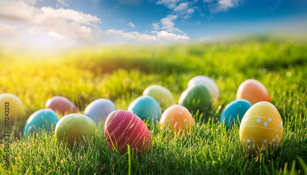 A colorful Easter egg hunt in a grassy field A colorful Easter egg hunt in a grassy field