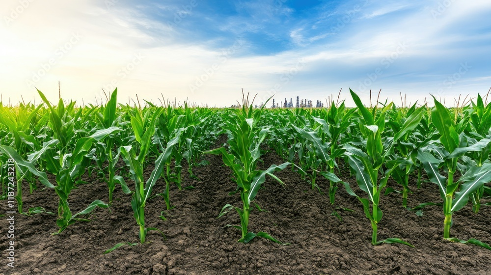 Corn plants grow vibrantly in a field while an oil and gas factory looms in the background, showcasing nature meeting industry Corn plants grow vibrantly in a field while an oil and gas factory looms in the background, showcasing nature meeting industry