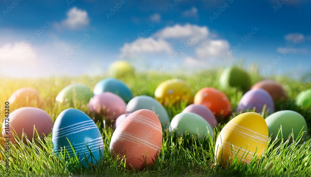 A colorful Easter egg hunt in a grassy field A colorful Easter egg hunt in a grassy field