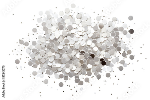 Shimmering silver sequins scattered across a white background create a festive atmosphere