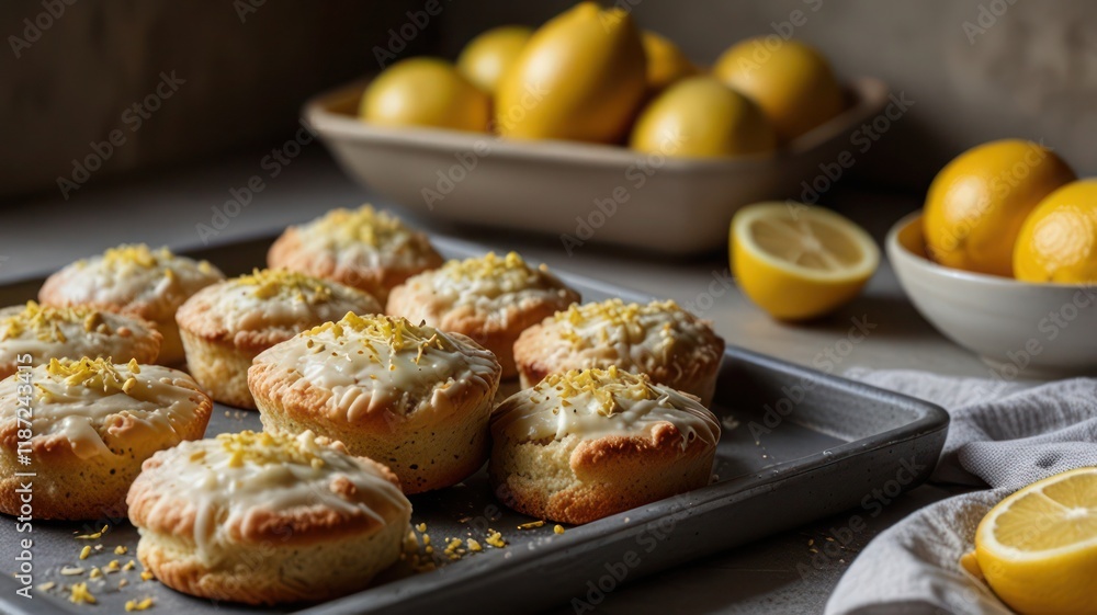 Oven a tray of lemon scones cooling and a field of fresh lemons and a bowl of lemon zest nearby Oven a tray of lemon scones cooling and a field of fresh lemons and a bowl of lemon zest nearby