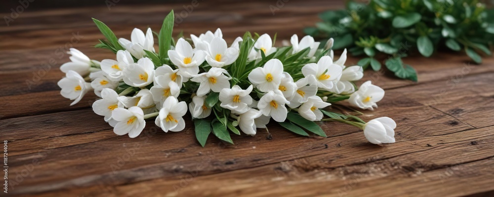 White crocuses with green leaves on wooden table, still life, springtime, botanic, wooden surface texture, garden inspiration