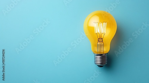 Bright yellow light bulb glowing against a blue background