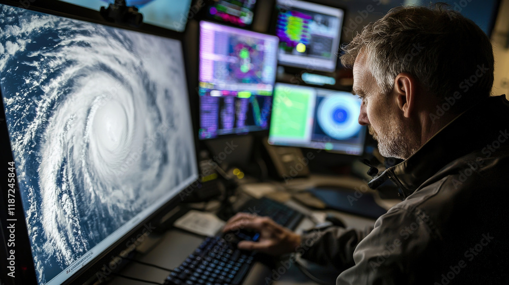 A meteorologist analyzes weather data on a computer screen at a weather station, tracking a storm system. Radar images and satellite maps are prominently displayed for detailed observation A meteorologist analyzes weather data on a computer screen at a weather station, tracking a storm system. Radar images and satellite maps are prominently displayed for detailed observation