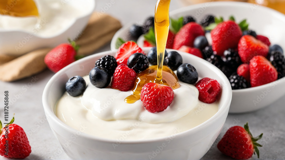 Honey Drizzling Over Greek Yogurt with Fresh Berries Honey Drizzling Over Greek Yogurt with Fresh Berries