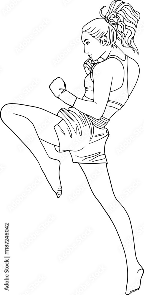 Fototapeta premium kickboxer girl, fighter woman vector outline illustration
