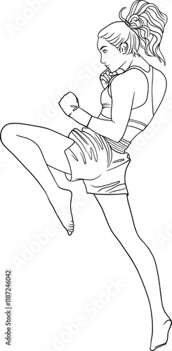 kickboxer girl, fighter woman vector outline illustration