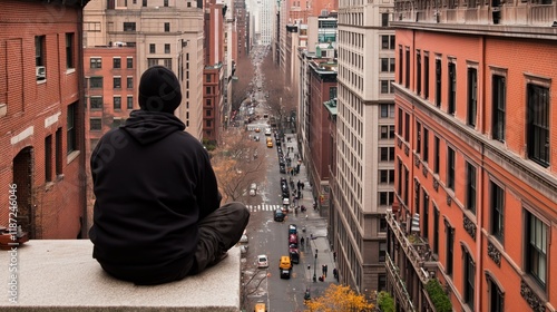 person in a black hoodie sits on the edge of a rooftop, gazing down at the bustling street below. scene captures urban life with colorful autumn foliage lining the sidewalks photo