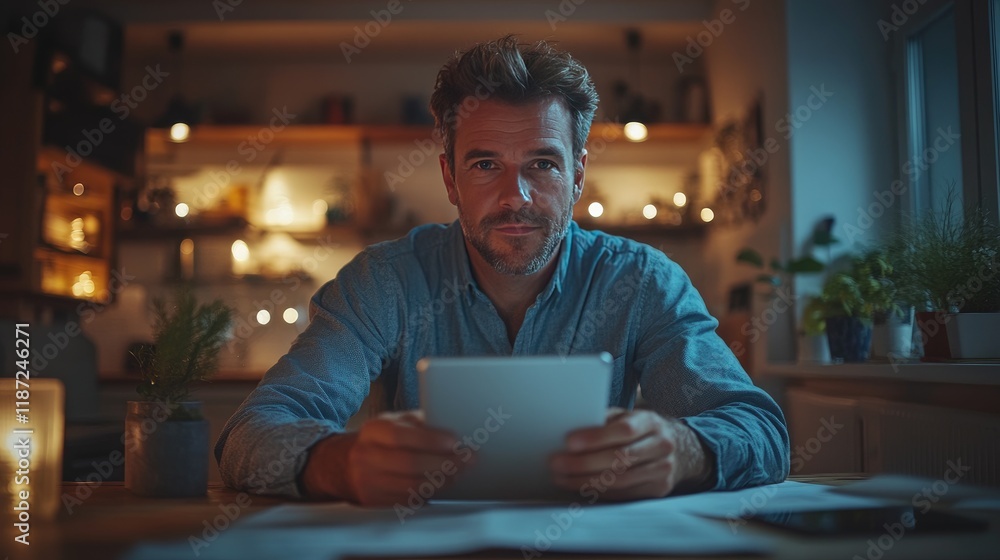 Businessman Using Tablet in Cozy Home Office at Night for Remote Work Businessman Using Tablet in Cozy Home Office at Night for Remote Work