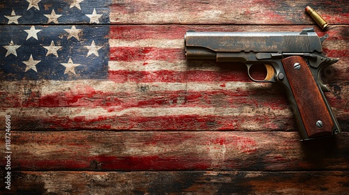 Vintage handgun resting on a weathered American flag backdrop with bullets nearby