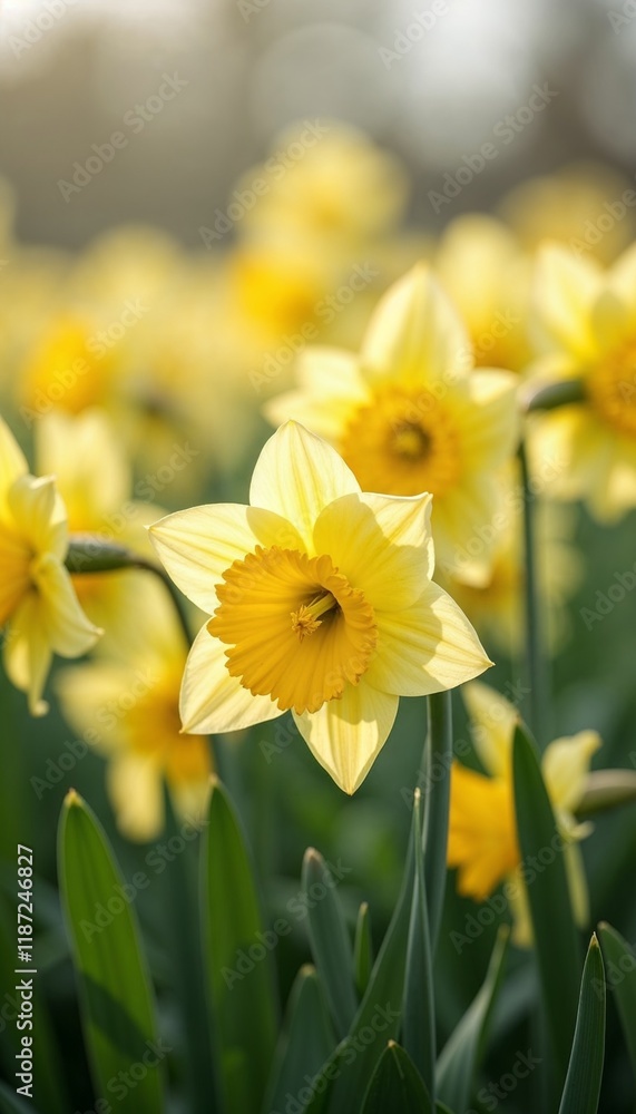 Obraz premium Bright yellow daffodils blooming in a sunny garden setting
