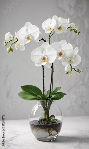 Wallpaper Mural White phalaenopsis orchid in a clear vase against a white backdrop, decoration, contemporary, interior, arrangement, space Torontodigital.ca