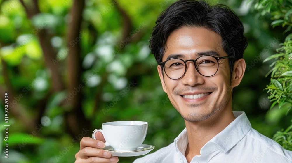 man wearing glasses holds a cup of tea while standing in a vibrant garden filled with greenery. scene captures a relaxed moment of appreciation for nature and tranquility man wearing glasses holds a cup of tea while standing in a vibrant garden filled with greenery. scene captures a relaxed moment of appreciation for nature and tranquility