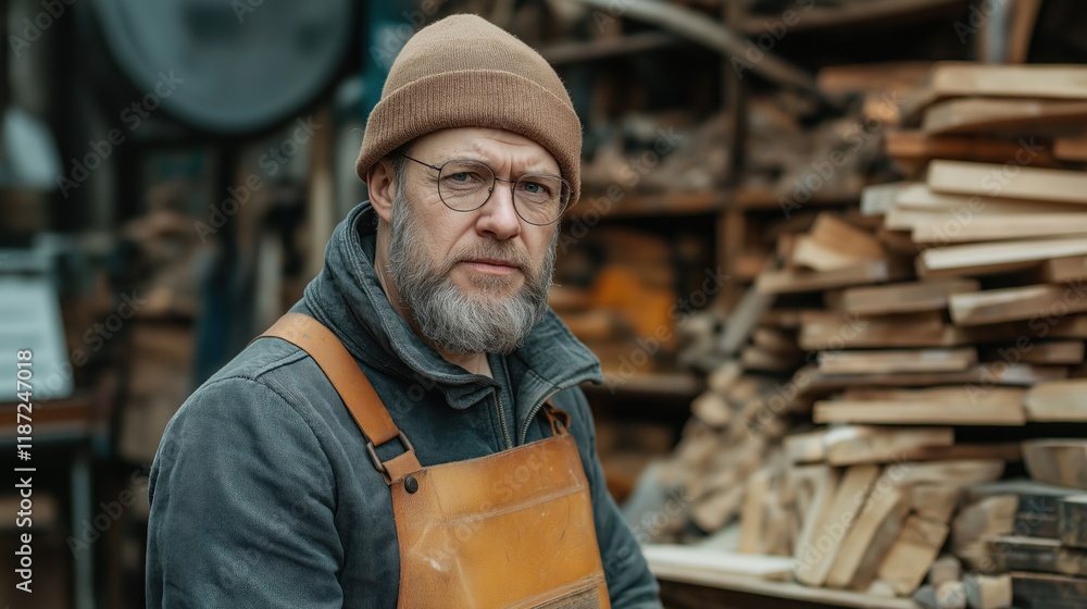 skilled craftsman works intently in his workshop, surrounded by various wooden materials and tools. Natural light illuminates the space, highlighting his focused expression and dedication skilled craftsman works intently in his workshop, surrounded by various wooden materials and tools. Natural light illuminates the space, highlighting his focused expression and dedication
