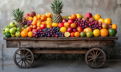 Colorful fruit display on vintage cart against textured wall. Potential use Stock photo for healthy eating