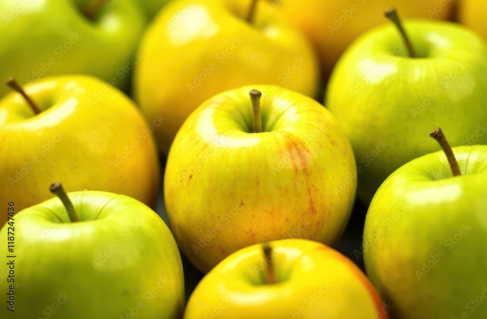 A close-up view of multiple fresh yellow and green apples A close-up view of multiple fresh yellow and green apples