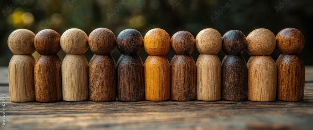 Wooden figures in a row, representing diversity and inclusion. Wooden figures in a row, representing diversity and inclusion.