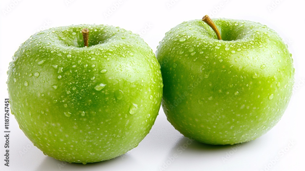 Fresh green apples with droplets on surface displayed on white background Fresh green apples with droplets on surface displayed on white background