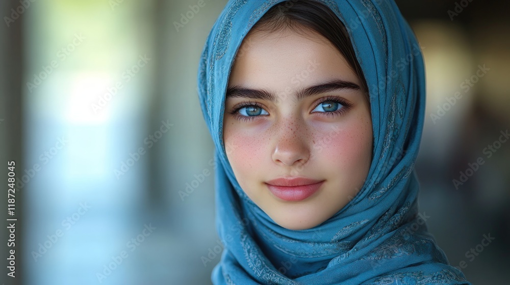 Fototapeta premium Freckled girl, blue eyes, teal headscarf.