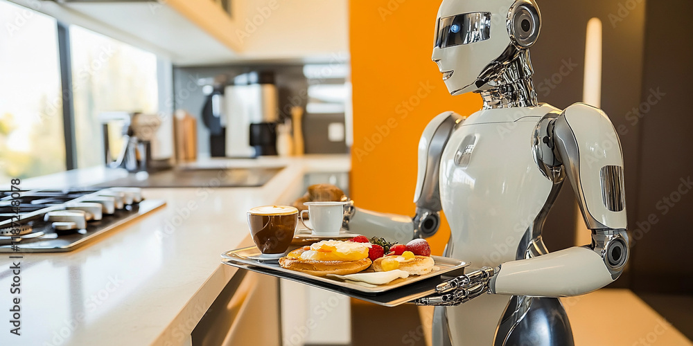 Robot serves breakfast in modern kitchen setting Robot serves breakfast in modern kitchen setting