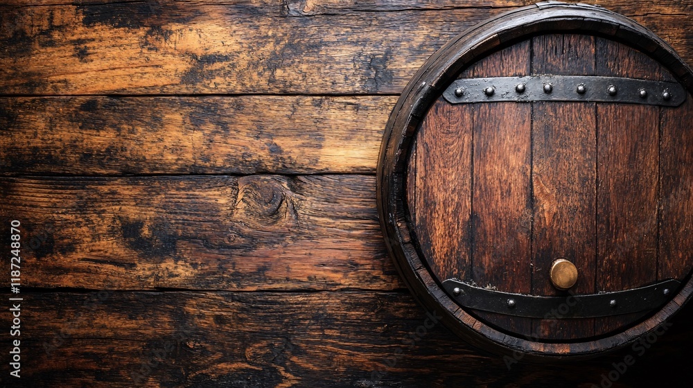 Fototapeta premium Wooden barrel resting against a rustic wooden wall in a cozy setting