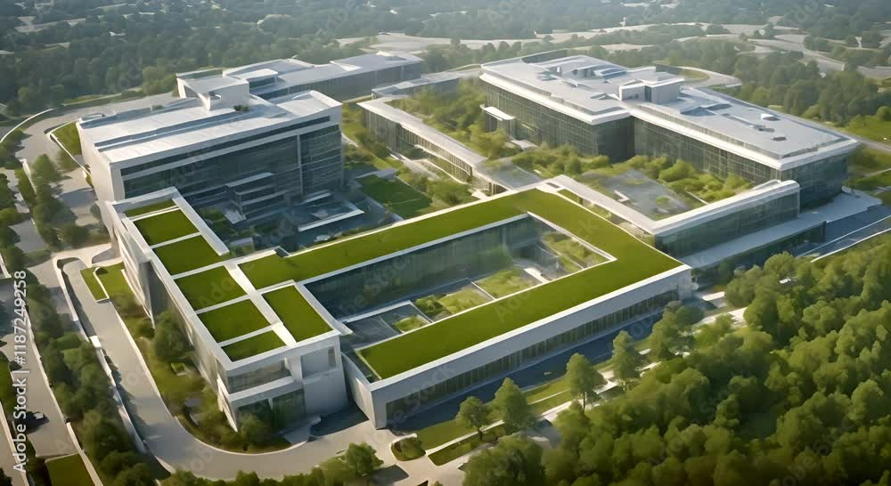 Aerial drone view of a hospital campus showcasing sustainable practices such as green roofs and solar panels for energy efficiency Smooth looping time lapse video animation background 4K Aerial drone view of a hospital campus showcasing sustainable practices such as green roofs and solar panels for energy efficiency Smooth looping time lapse video animation background 4K