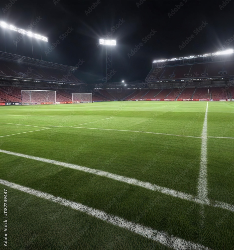 Obraz premium Wide-angle view of a football field with bright stadium lights illuminating the grass, sporty atmosphere, stadium lights