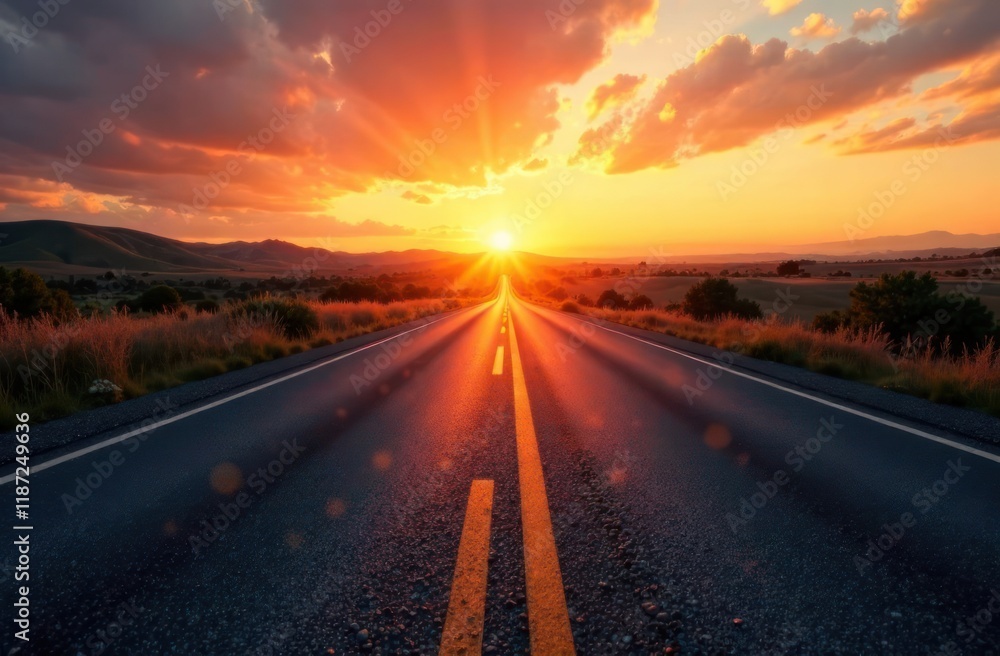 The road in the middle of asphalt road with at sunset forward and planning to the goal The road in the middle of asphalt road with at sunset forward and planning to the goal