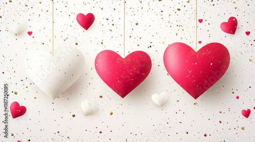 Romantic Red Pink and White Hearts with Golden Confetti on Transparent Background Vector Art for Valentine's Day Design



