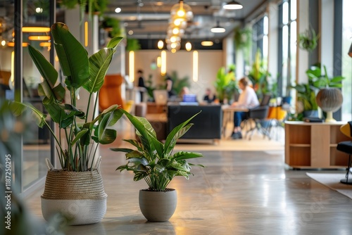 Bright and inviting workspace filled with lush green plants, where individuals are engaged in various collaborative activities during daylight hours