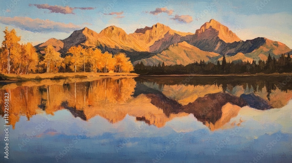 Obraz premium Serene autumn landscape painting of a mountain range reflected in a calm lake, with golden aspen trees along the shore at sunset.