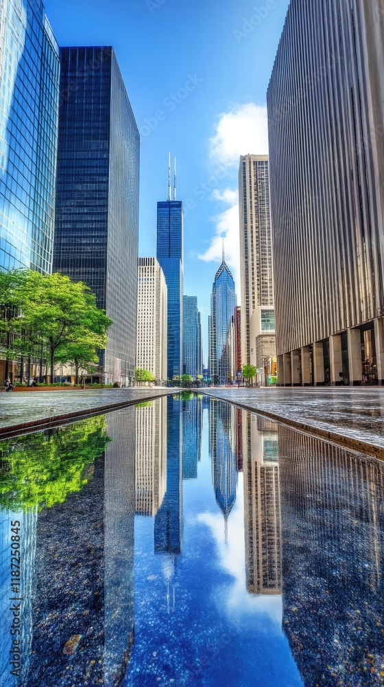 Obraz premium Downtown Chicago Skyline Reflecting in Urban Water Feature on a Clear Day