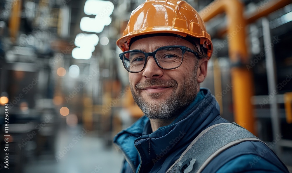 Portrait of a man, happy oil rig worker in industrial plant., Generative AI