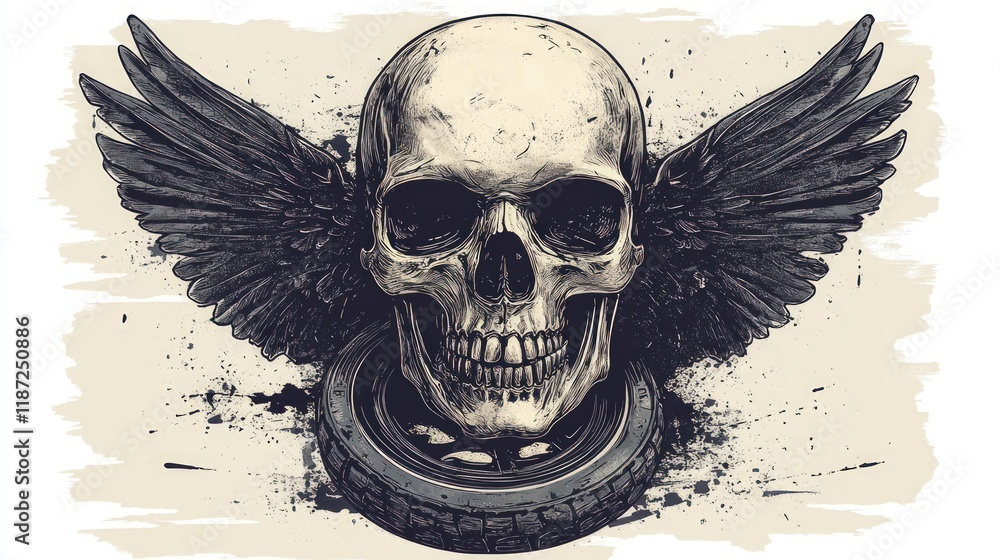 Fototapeta premium Winged skull rests on tire; grunge art.