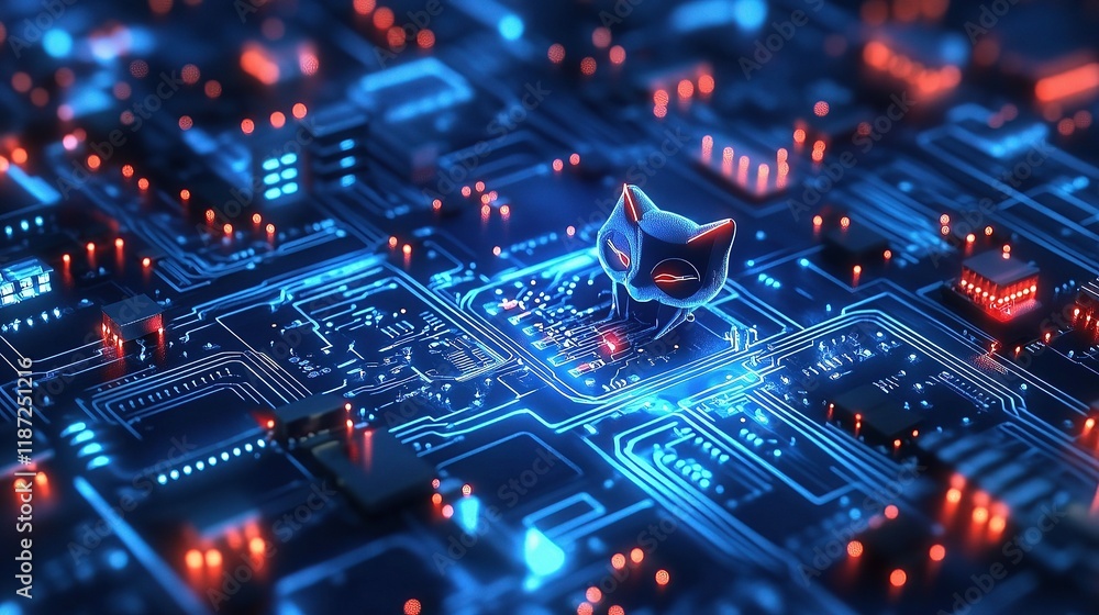 Electronic Circuit Board with LED Lights on a Blue Background Electronic Circuit Board with LED Lights on a Blue Background
