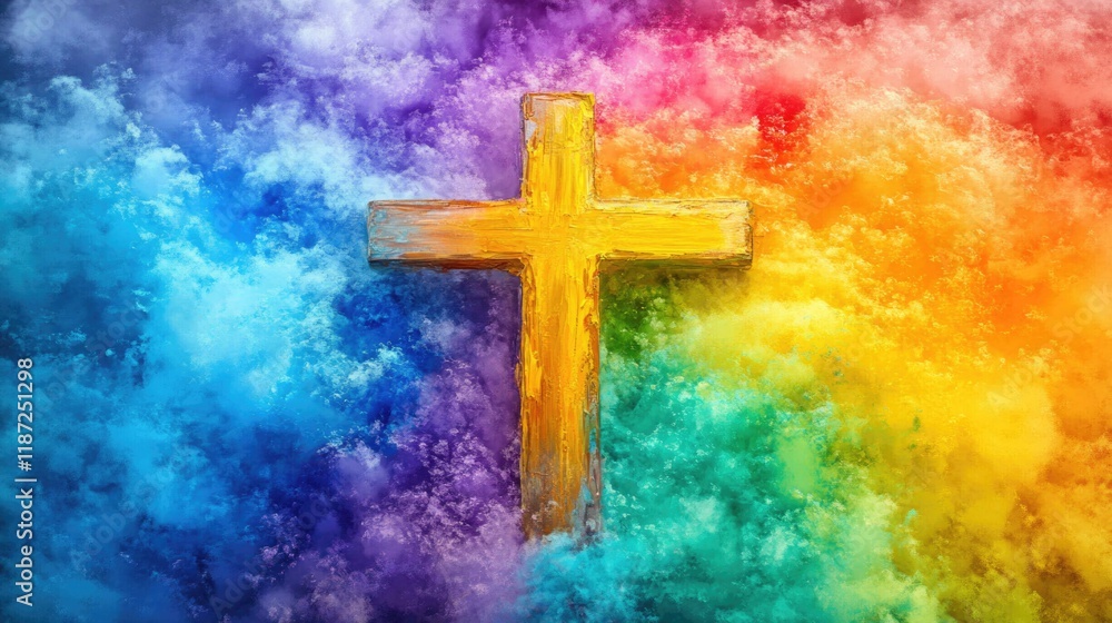 Vibrant cross amidst rainbow-colored clouds in abstract sky. Easter, Pascha, Paskha, Ostern, Pascua, Paques - Orthodox and Catholic Holiday celebration Vibrant cross amidst rainbow-colored clouds in abstract sky. Easter, Pascha, Paskha, Ostern, Pascua, Paques - Orthodox and Catholic Holiday celebration
