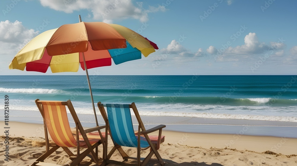 beach chairs and umbrella near the seaside ocean with waves beach chairs and umbrella near the seaside ocean with waves